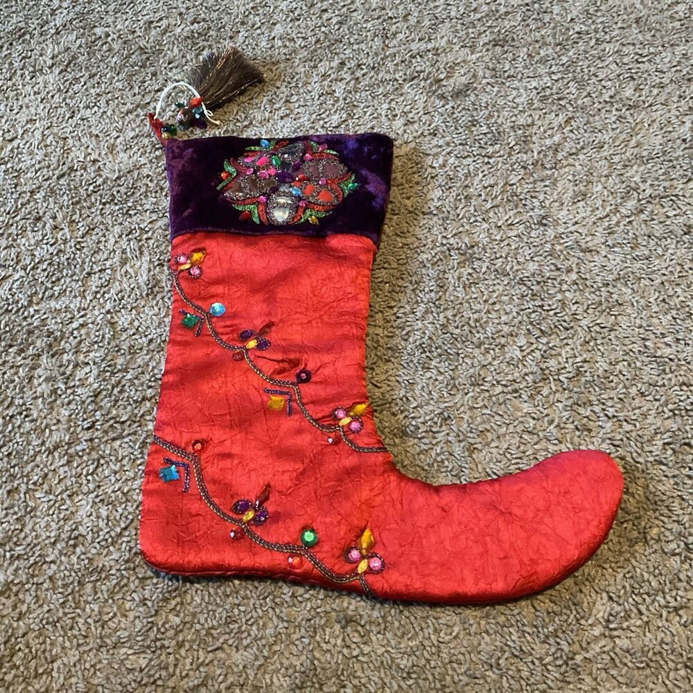 Pier 1 One Imports Christmas Stocking Multicolored Sequined Beaded Jester